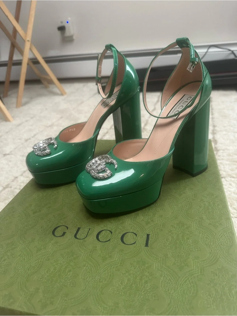 Gucci Glossy Emerald Green Patent Platform Pumps with Crystal GG Buckle